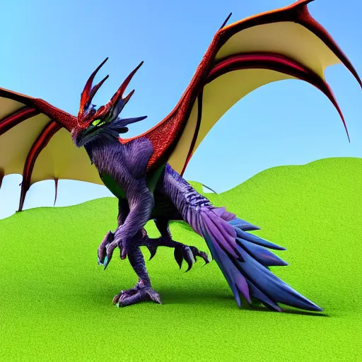 Prompt: a 3 d render of a greeb feathery male dragon with armwings and a spike at the tip of his tail