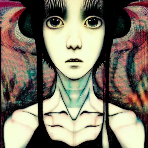 Image similar to yoshitaka amano blurred and dreamy realistic three quarter angle portrait of a young woman with white hair and black eyes wearing dress suit with tie, junji ito abstract patterns in the background, satoshi kon anime, chungking express color palette, noisy film grain effect, highly detailed, renaissance oil painting, weird portrait angle, blurred lost edges