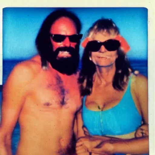 Image similar to found polaroid of my parents at beach, who look exactly like Taylor Swift and Macho Man Randy Savage