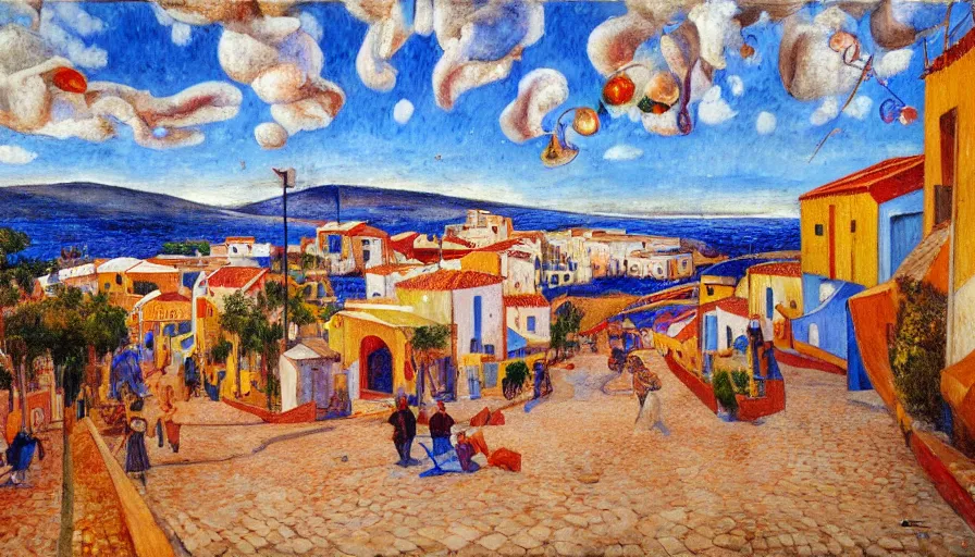 Image similar to a 1 9 9 8 southern spain town painted by arthur bispo do rosario, jules bastien - lepage, tarsila do amaral, frank weston and gustave baumann, trending on artstation, mediterranean, star, sharp focus, colorful refracted sparkles and lines, soft light, 8 k 4 k