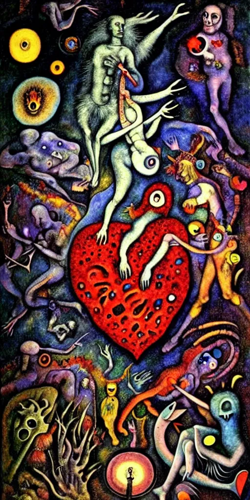 Image similar to mythical creatures and monsters in the visceral anatomical human heart imaginal realm of the collective unconscious, in a dark surreal mixed media oil painting by bosch and kandinsky, dramatic lighting from inner fire