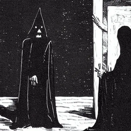 Image similar to a raven rogue wearing a vantablack cloak. in a high fantasy 1 9 7 8 castle. r / oldschoolfantasy