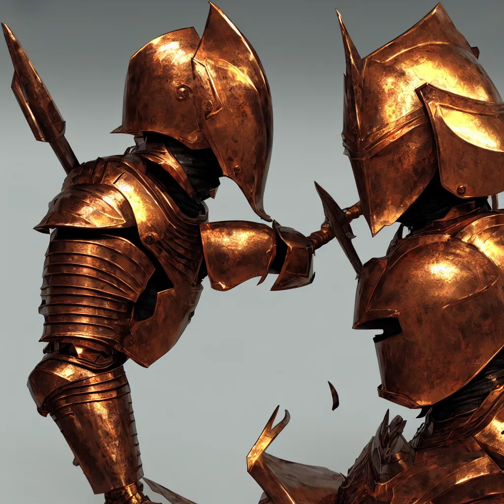 Image similar to of a 3 d rendering realistic illustration of a knight character that has a helmet that is made of copper and gold, beautiful sculpted details, cinematic lighting, this knight is a war lord who roamed the fields in many battles, there is a faint red aura to him displaying a lot of power, volumetric lighting