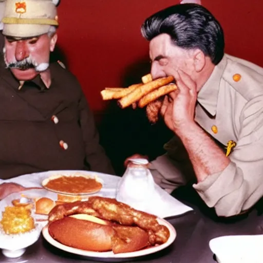 Prompt: stalin eats burger with ketchup while smoking cigar