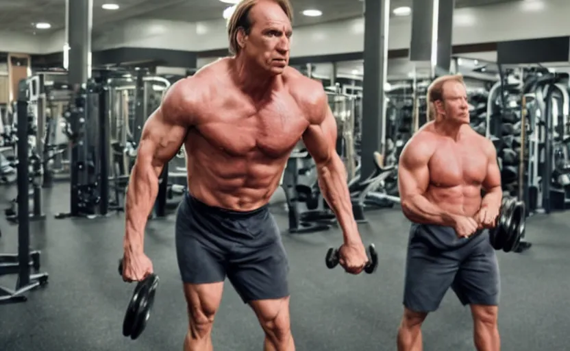 Image similar to muscular Saul Goodman working out, movie still, photorealistic