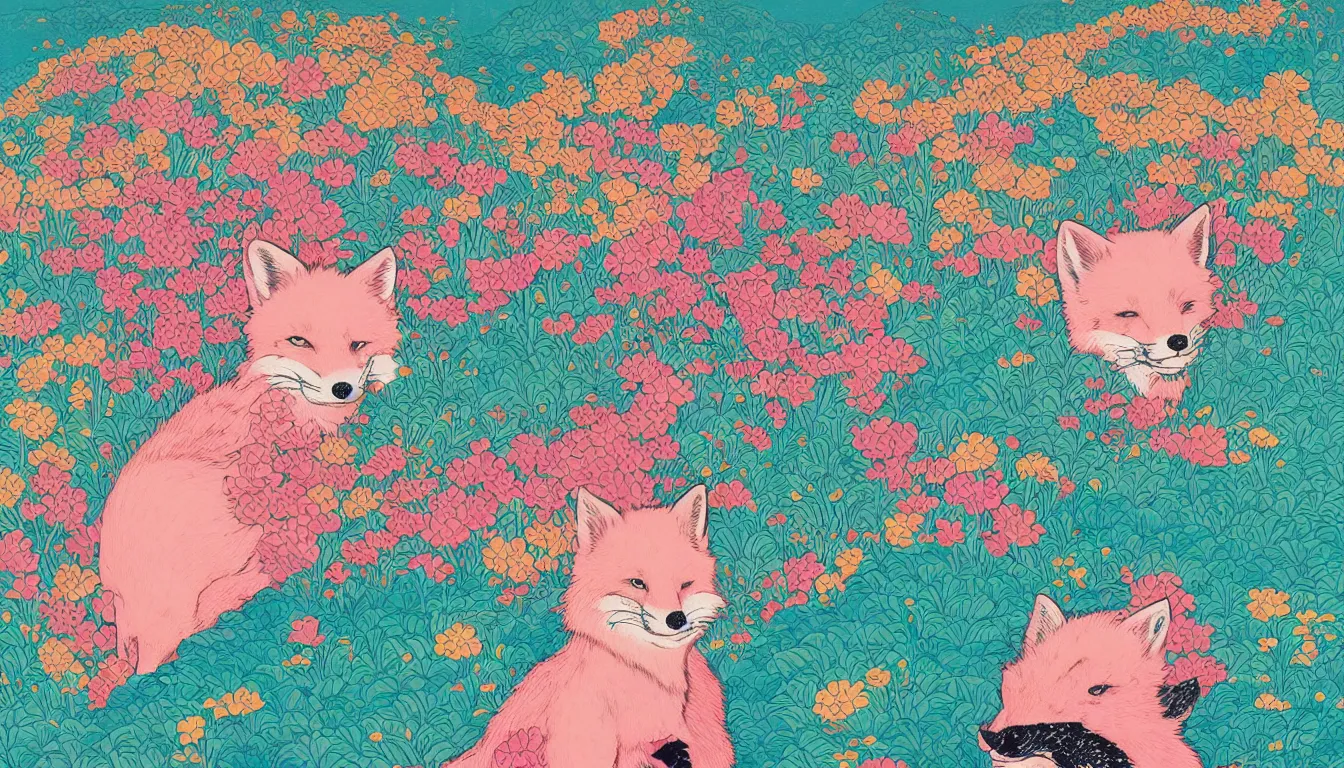 Prompt: pink fox head popping out of a field of multi colored flowers by kilian eng, victo ngai, josan gonzalez, hokusai