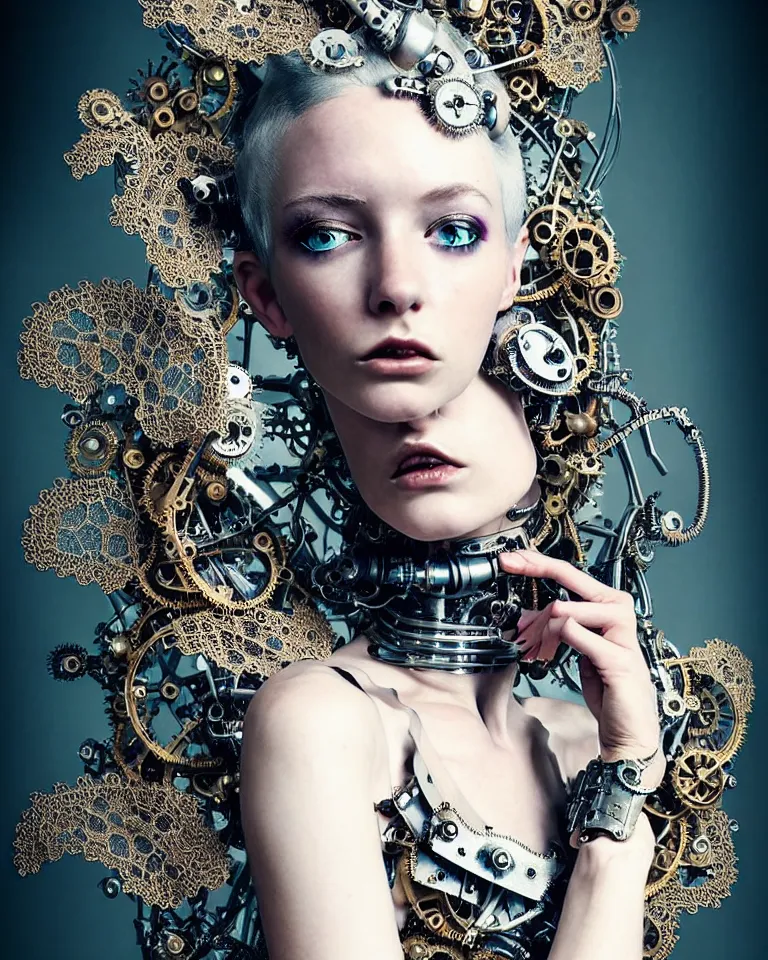 Image similar to highly detailed full body photo of a complex bio-mechanical beautiful young female cyborg with a steampunk metal fine lace face, retrofuturistic depressing hopeless horrific vibe, full shot, full body, pale skin, curled silver metallic hair and a fine metal floral foliage lace collar by Alexander McQueen:: high fashion, haute couture, rococo, steampunk, fine silver filigree details, anatomical, facial muscles, cable wires, microchip, elegant, hyper realistic, 150 mm lens, soft rim light, octane render, unreal engine, volumetric lighting, 8k, muted reflective metallic coloring, sharp focus