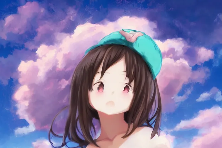 Prompt: a cute anime girl sitting on a cloud, digital painting, anime, portrait