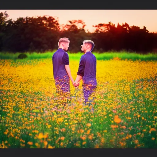 Prompt: a gay couple together in a field of flowers at sunset, realistic, intricate, 4k
