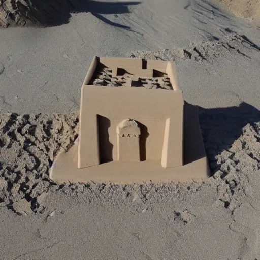 Prompt: desert temple in sand with cube