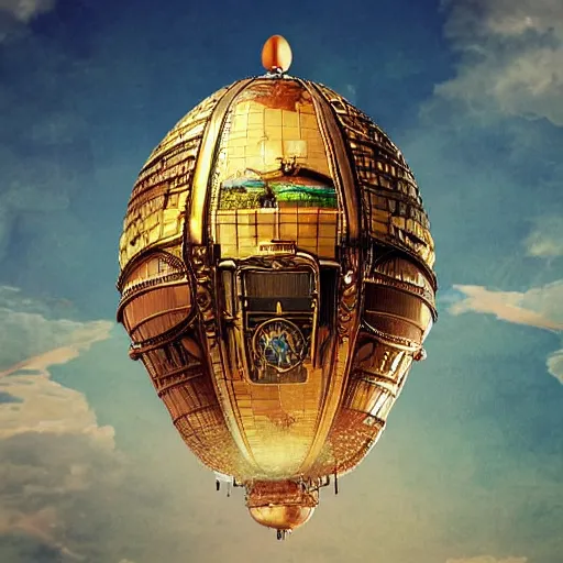 Prompt: enormous flying city in a faberge egg, sky, steampunk, fantasy art, masterpiece