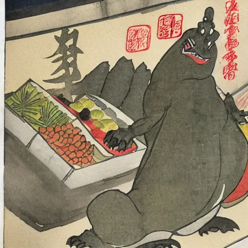 Prompt: ancient japanese watercolour of godzilla running a fruit stall in a market