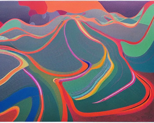 Prompt: A wild, insane, modernist landscape painting. Wild energy patterns rippling in all directions. Curves, organic, zig-zags. Saturated color. Mountains. Clouds. Rushing water. Wayne Thiebaud.