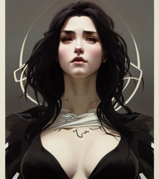 Prompt: character design by artgerm, cushart krenz, greg rutkowski and alphonse mucha. ( ( ( portrait of a black - haired angel in a black bra and a black jacket ) ) ) sharp edges. ultra clear detailed. 8 k. ultra detailed, elegant, intricate, octane render.