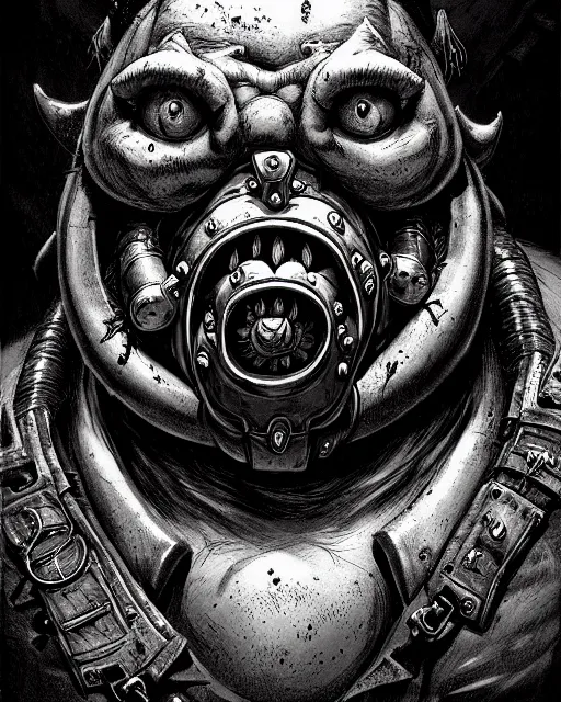 Image similar to roadhog from overwatch, character portrait, portrait, close up, concept art, intricate details, highly detailed, horror poster, horror, vintage horror art, dark, gritty, realistic, terrifying, in the style of michael whelan, and gustave dore