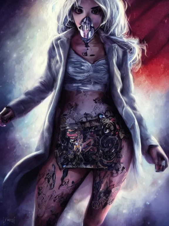 Image similar to digital illustration of a girl with eyes that burn like cigarettes wearing a short skirt and a long jacket with fingernails that shine like justice, dramatic lighting, photorealistic, extreme detail, 4 k, colorful, artgerm