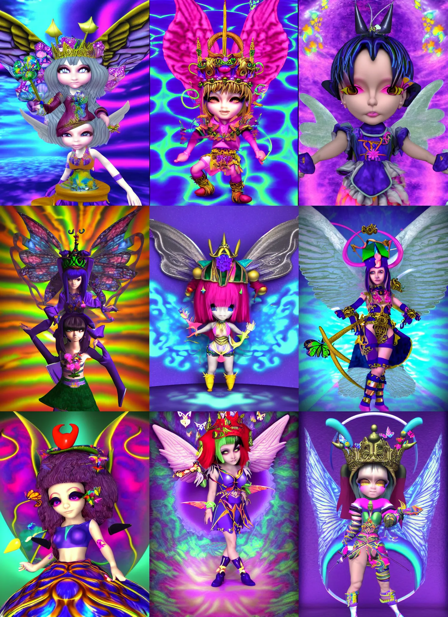 Prompt: 3d render of chibi court jester nightmarian by Ichiro Tanida 3D render wearing angel wings against a psychedelic swirly background with 3d butterflies and 3d flowers n the style of 1990's CG graphics early 3D rendering 3d rendered y2K aesthetic by Ichiro Tanida, 3DO magazine