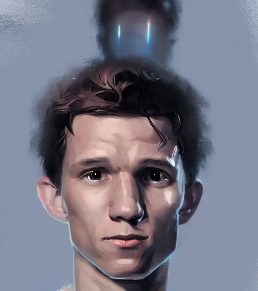 Prompt: portrait of tom holland by greg rutkowski, he is about 3 0 years old, short black hair with bangs, scared and incredulous, very tall and slender, he is wearing futuristic space gear, highly detailed portrait, digital painting, artstation, concept art, smooth, sharp foccus ilustration, artstation hq