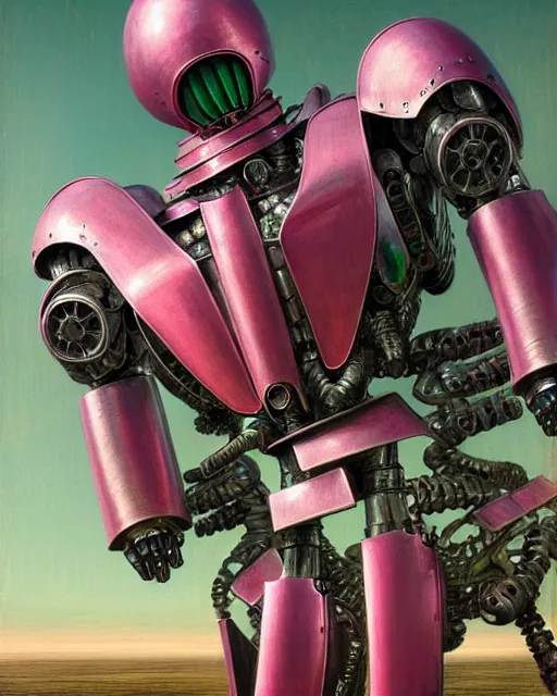 Image similar to hyperrealistic hyperdetailed medieval mecha iridescent pink battle war concept art santiago caruso de chirico sharp very dramatic green light 8k low angle shallow depth of field