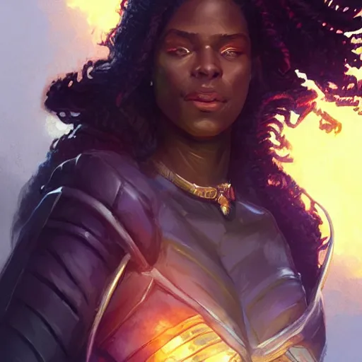 Image similar to confident black female lawyer, D&D, fantasy litigator, portrait, highly detailed, digital painting, trending on artstation, concept art, sharp focus, illustration, art by artgerm and greg rutkowski and magali villeneuve