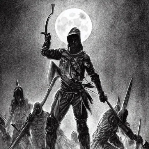 Image similar to hero holding a sword facing an army of the undead, scenic view, dark atmosphere, full moon, moonlight, dynamic lighting, pencil art