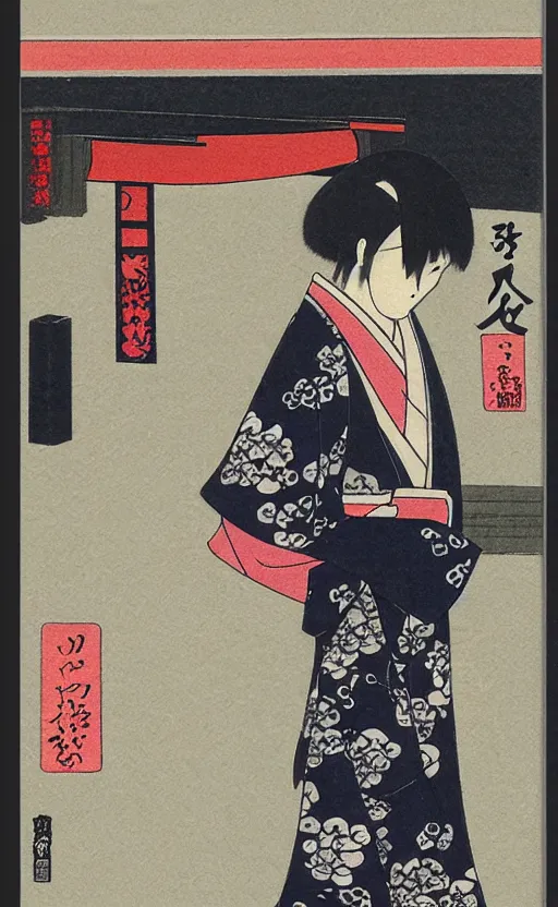 Prompt: by akio watanabe, manga art, male calligrapher walking in kyoto street, kimono, trading card front