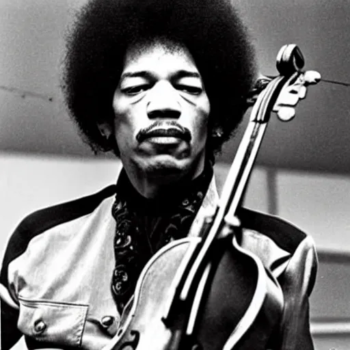 Prompt: a photograph of Jimi Hendrix playing the violin