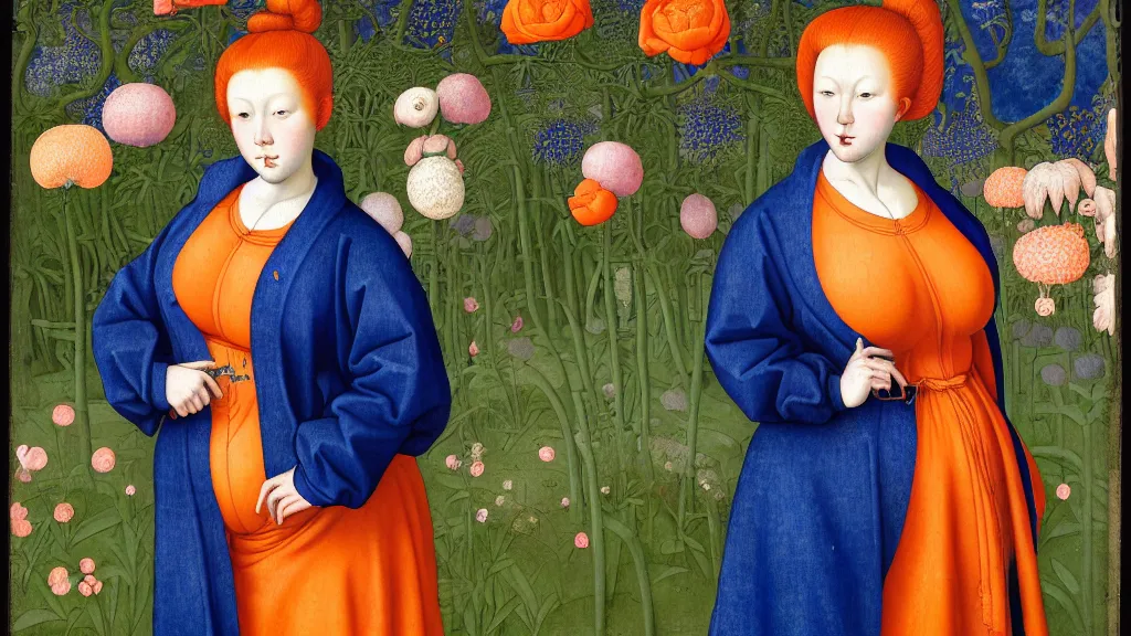 Prompt: portrait of a curvy woman with orange hair buns, wearing a blue raincoat and baggy jeans, standing in a garden full of plants and flowers, intricate details, high detail, in the style of rogier van der weyden and jacopo da pontormo, punk, asian art,