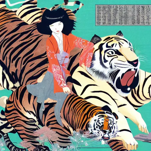 Image similar to a delorean protecting a tiger, japanese magazine collage, art by hsiao - ron cheng and utagawa kunisada