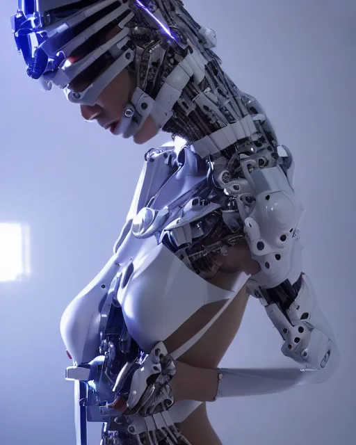 Image similar to low angle photo of sensual dancer as a cyberpunk mecha humanoid robotic head shoulder parts with straight bright led lights, inside white room, ultra - realistic and detailed, 8 k