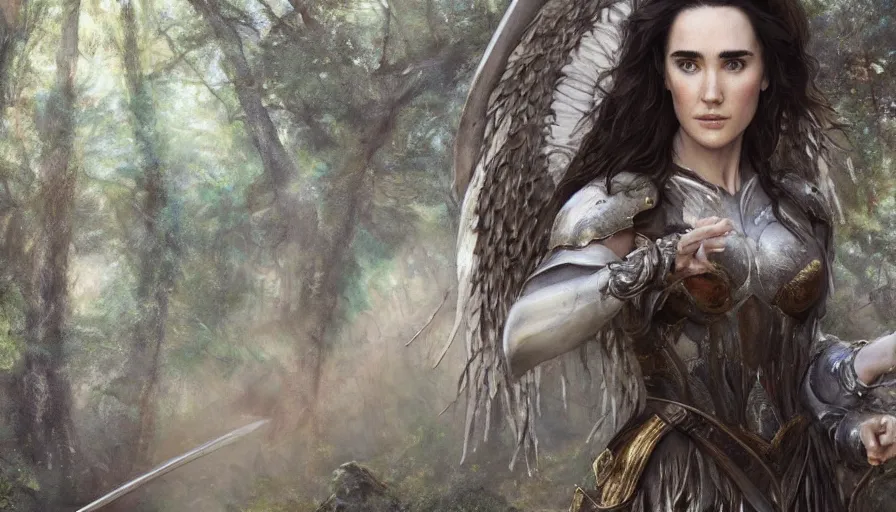 Prompt: A beautiful detailed painting of jennifer connelly as a female angel warrior in a magical forest by john sargent and Kalin Popov , Trending on artstation HD.