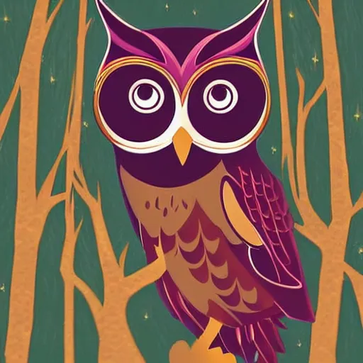 Image similar to a cartoon picture of an owl of athena!! in the woods, a storybook illustration by arabella rankin, behance contest winner, context art, storybook illustration, nightscape, digital illustration