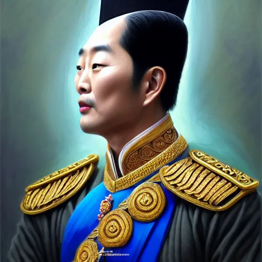 Prompt: dark tall and handsome korean male dressed as king ramkhamhaeng of sukhothai, intricate, highly detailed, centered, digital painting, artstation, concept art, smooth, sharp focus, illustration, artgerm, tomasz alen kopera, peter mohrbacher, donato giancola, joseph christian leyendecker, wlop, boris vallejo