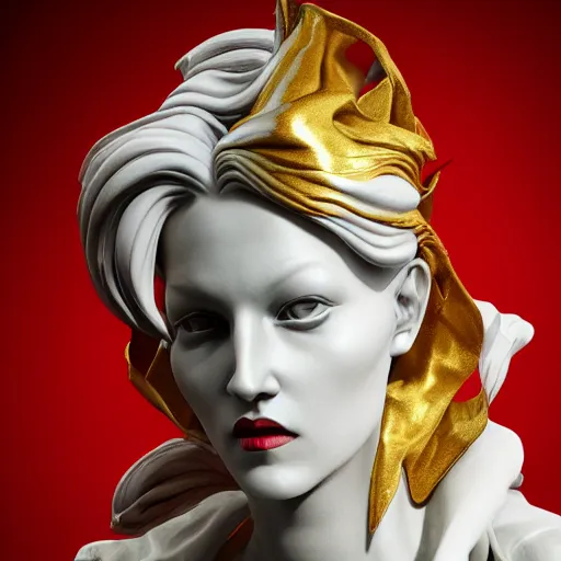 Image similar to portrait statue of evil gorgeous woman, made of white marble with gold, on the dark background, red splatters, hyper realistic, hyper detailed, by johannen voss and michelangelo, octane render, vivid colors