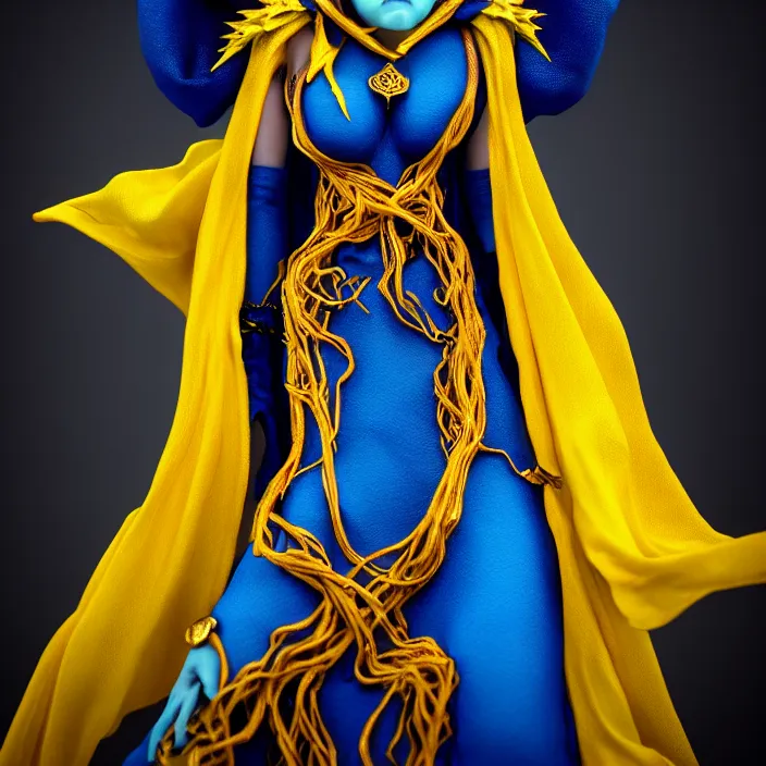 Image similar to photograph of a real - life beautiful!! elemental lightning witch with ornate yellow and blue robes. extremely detailed. 8 k