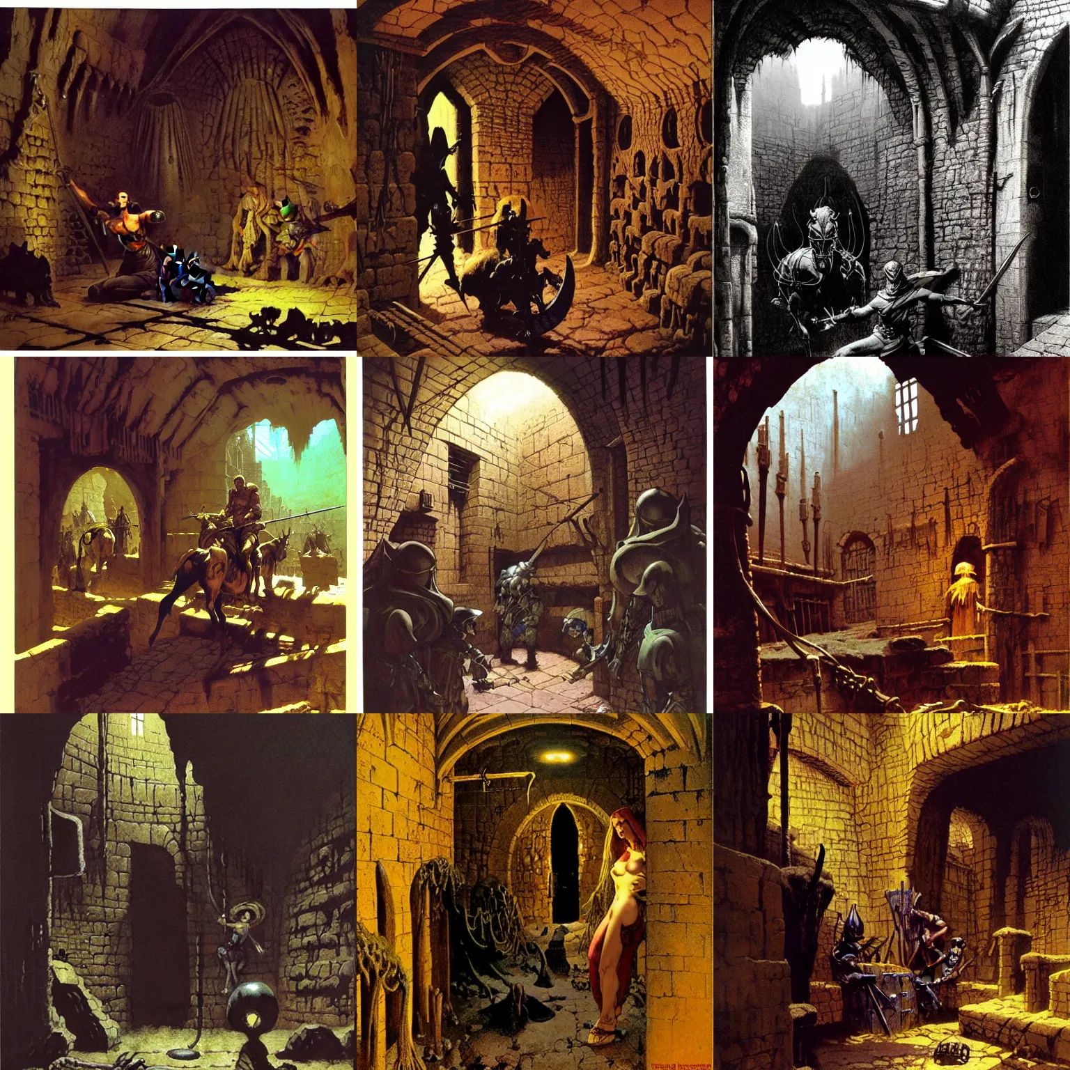 Prompt: dusty cob web filled medieval fantasy dungeon by syd mead, frank frazetta, ken kelly, simon bisley, richard corben, william - adolphe bouguereau