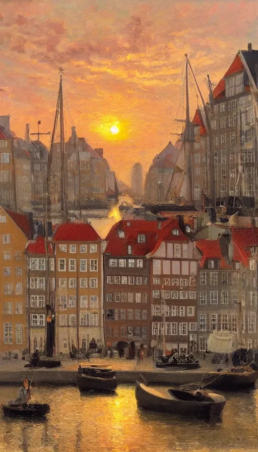 Image similar to still-life painting of Nyhavn at sunset, by Peder Krøyer, lush garden in the background, golden hour, dramatic lighting, volumetric lighting, intricately detailed, canvas print