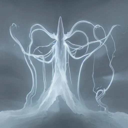 Prompt: concept designs for an ethereal ghostly wraith like figure made from electrical currents resembling a plasma lamp with a squid like parasite latched onto its head and long tentacle arms that flow lazily but gracefully at its sides like a cloak while it floats around a frozen rocky tundra in the snow searching for lost souls and that hides amongst the shadows in the trees, this character has hydrokinesis and electrokinesis for the resident evil village video game franchise with inspiration from the franchise Bloodborne and the mind flayer from stranger things on netflix in the style of a marvel comic