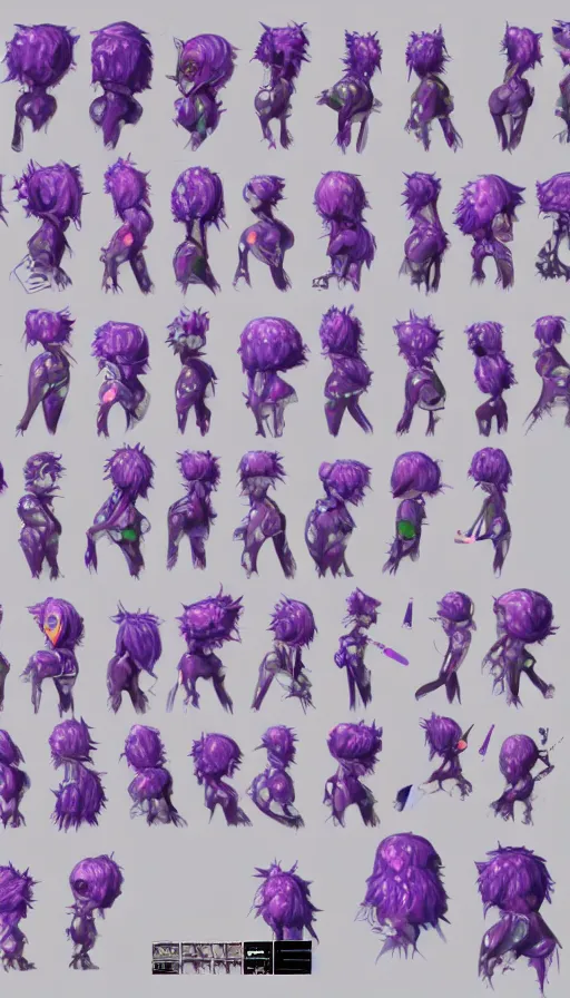 Image similar to a sprite sheet of a graffiti wirter holding a spray can and purple hair, 3D character, sweat drops, insane, intricate, highly detailed, oil painting, smooth, sharp focus, Unreal Engine 5, 8K