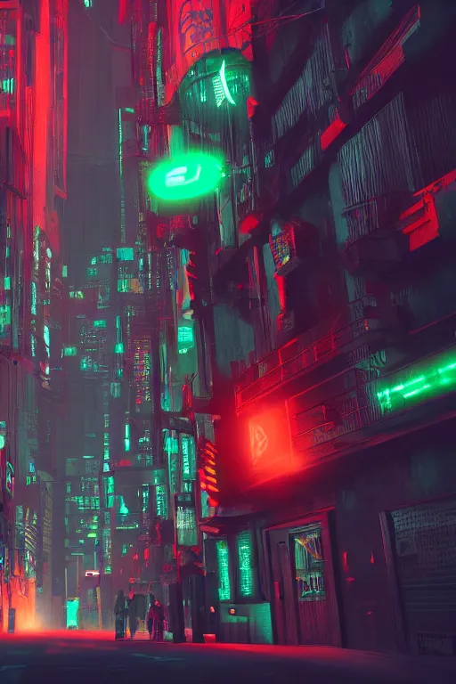 Image similar to City of Horror, glowing red-green fluorescence, cyberpunk, shawl streets, virtual engine, HD, high detail