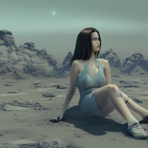 Image similar to Anime still of Lana Del Rey on Mars, sitting on a Martian rock, smoking a cigarette, reddish atmosphere with detailed highlights, dark gloomy sky cascading upon the atmosphere, well-detailed ornate Martian mountains in the background, trending on artstation, 4k, 8k