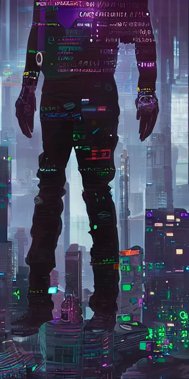 Prompt: a full body portrait of a cyberpunk citizen