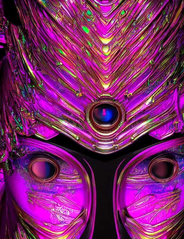 Image similar to highly detailed digital art rendering of a beautiful futuristic iridescent geisha mask with glowing eyes. black background. gritty textures. unreal engine, redshift, blender. psychedelic art. trending on artstation, behance.