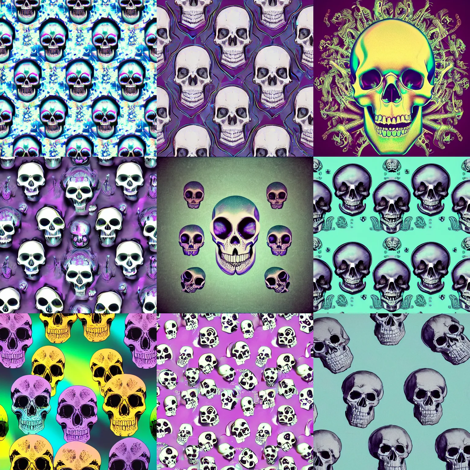 Prompt: skulls inside skulls, fractals, shiny, animal skulls, floating in the air, soft focus, pastel colours