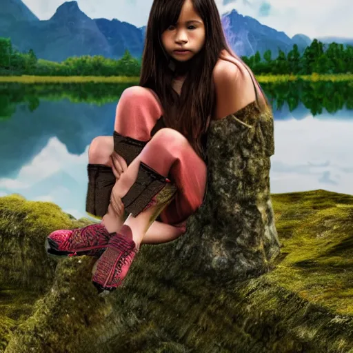 Prompt: Young girl, wearing Inka clothes, wings for arms, bird legs, sad expression, sitting at a pond, mountainous area, trees in the background, digital art