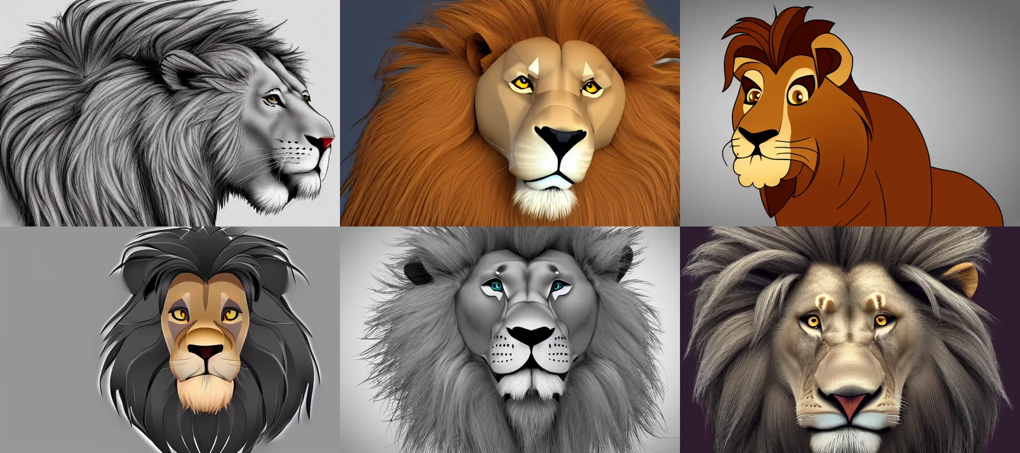 Prompt: a stylized animated lion character, unique hair, angular, soft shading