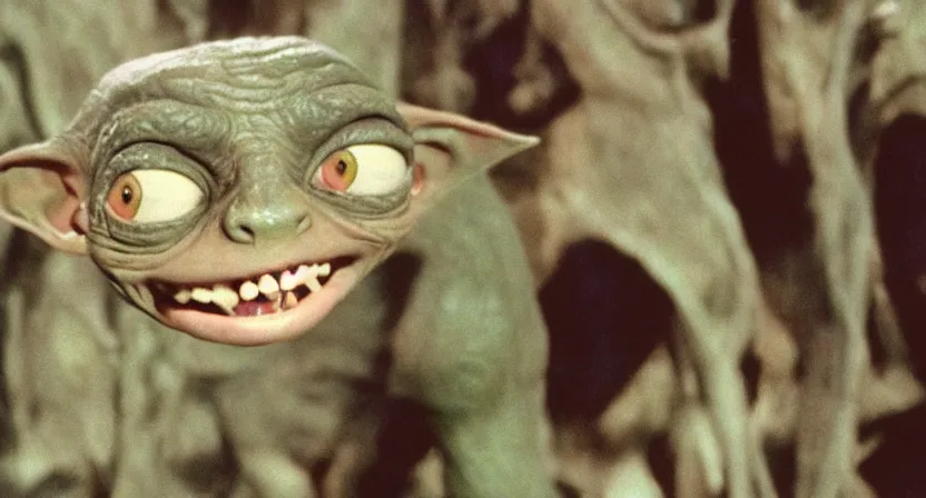 Image similar to A singular creature mix between Dobby and Gollum, green skin, center frame medium shot, shot on technicolor cinemascope 35mm anamorphic lense, flare, film grain, still from a 1980's movie
