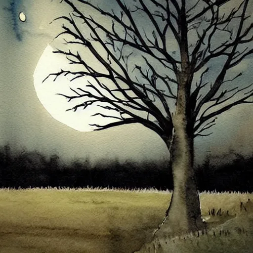 Image similar to This painting has such a feeling of peace and serenity. The tree is so still and calm, despite the wind blowing around it. The moonlight casts a soft glow over everything and the starts seem to be winking at you... watercolor painting, at night