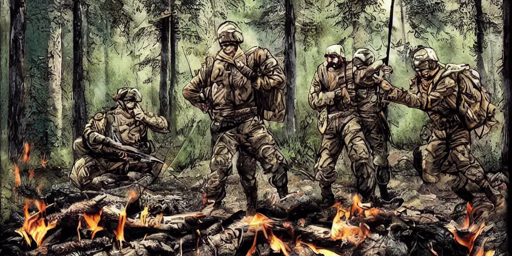 Prompt: really funny accident in finnish army, most insane scene in the forest in the style of action movie by tony scott, people laughing in the woods, campfire and tents, comicbook art by stan lee