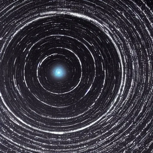 Image similar to a galactic disk - like vortex of metal debris from space stations and other space objects in black, starless space, view from afar